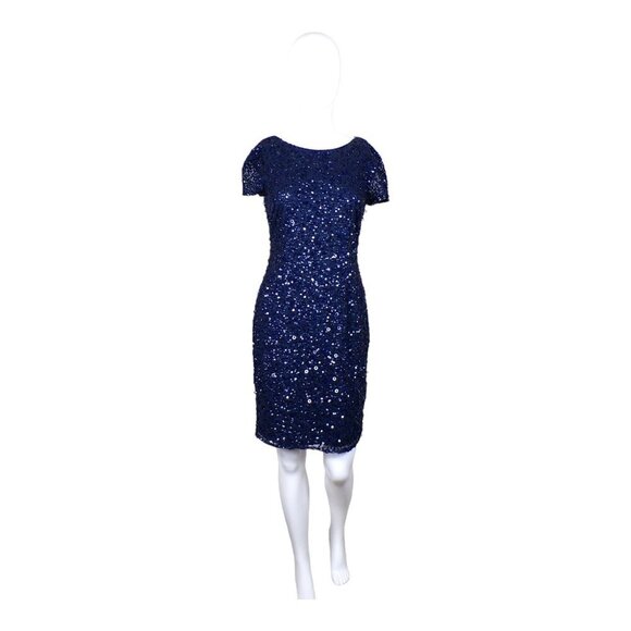 Adrianna Papell Sequin Scoop Back Sheath Cocktail Dress Navy Blue Sz 4 #935 - Picture 1 of 13